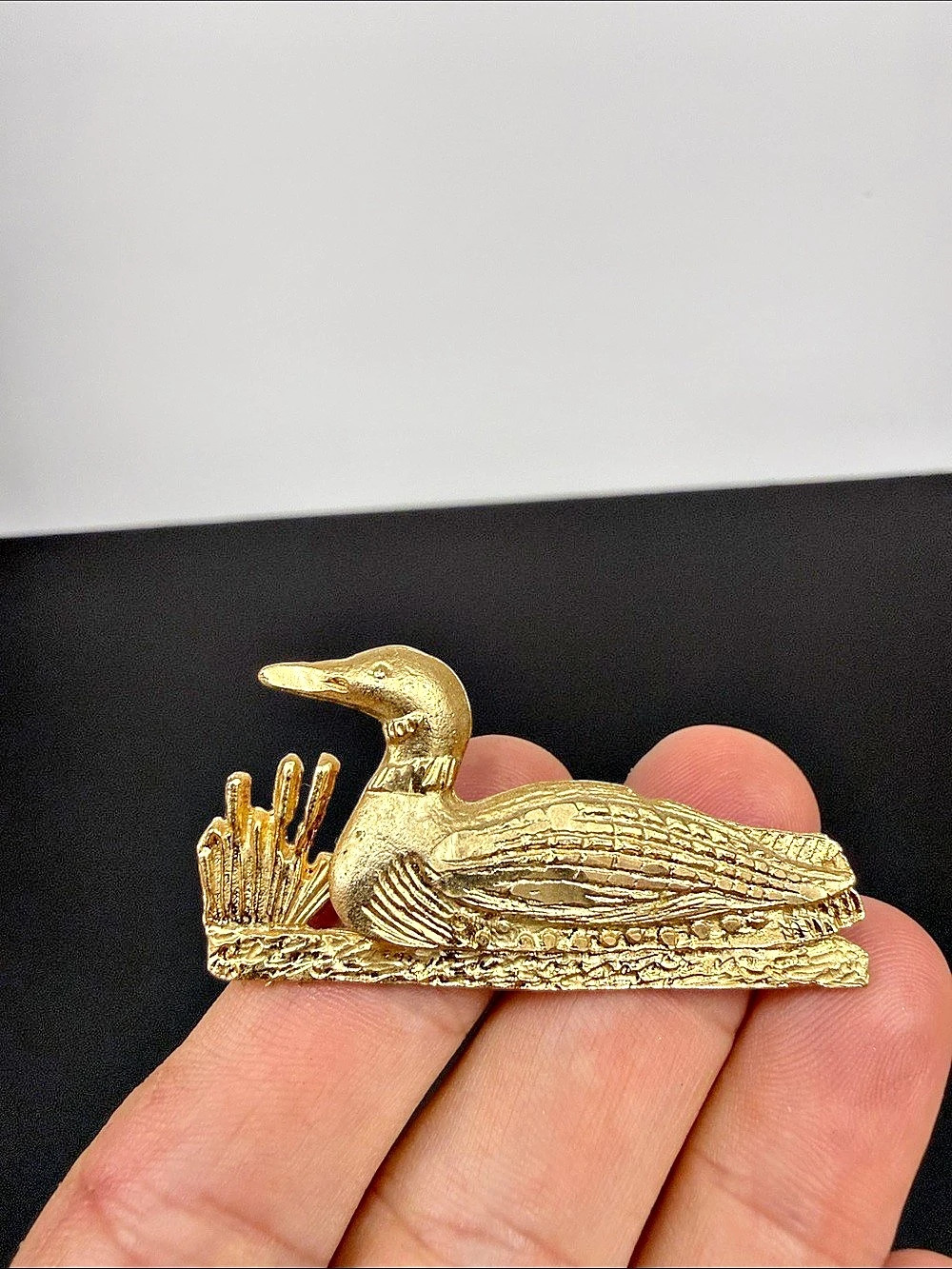 Vintage Gold Tone Loon Brooch with Cattails Canadian Wildlife Bird Pin